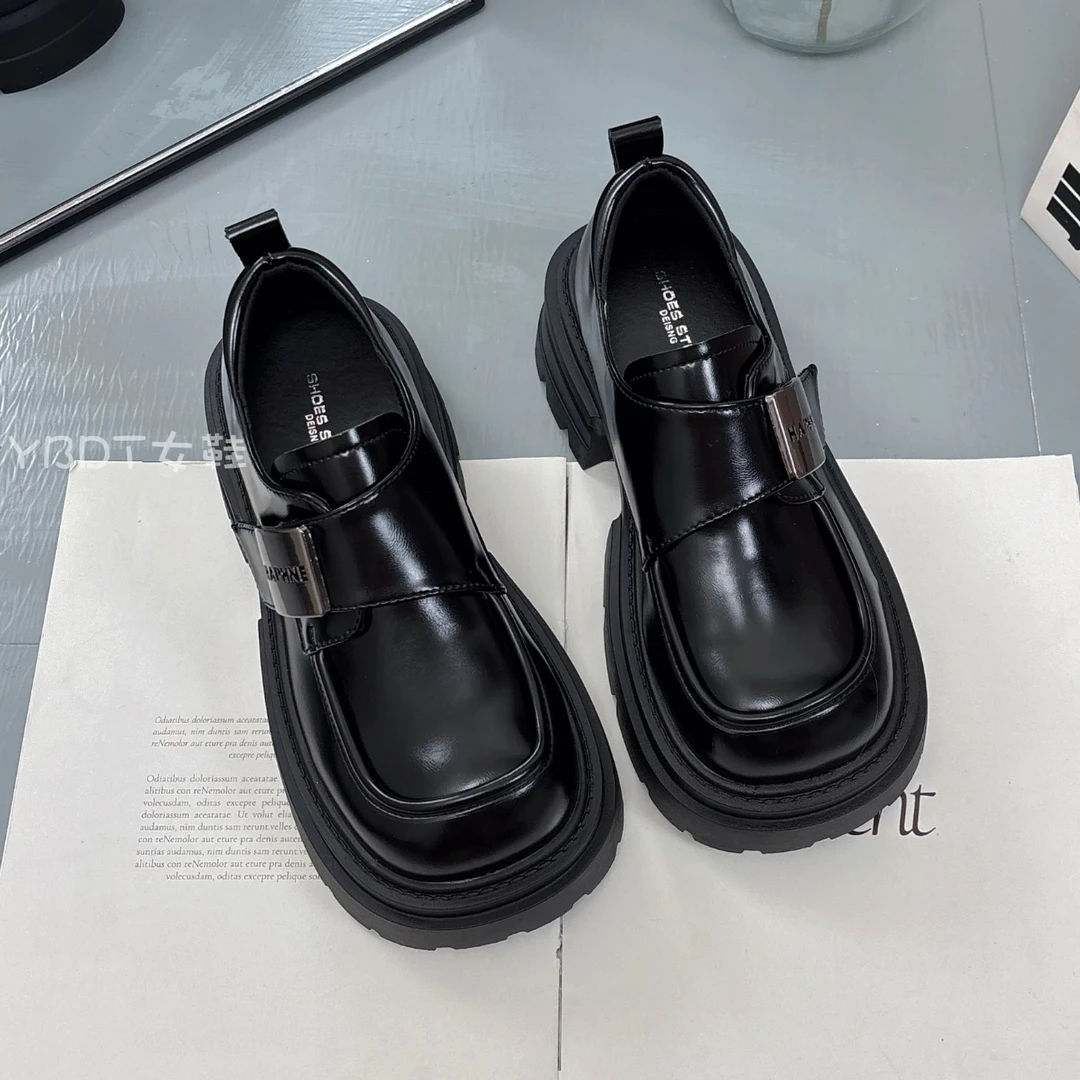 ins新款厚底小皮鞋女魔术贴百搭小个子增高圆头乐福鞋ol粗跟单鞋