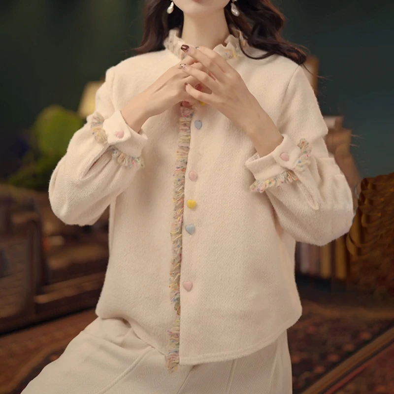 韩系设计感撞色拼接花边针织开衫女2025冬季新款休闲显瘦百搭上衣