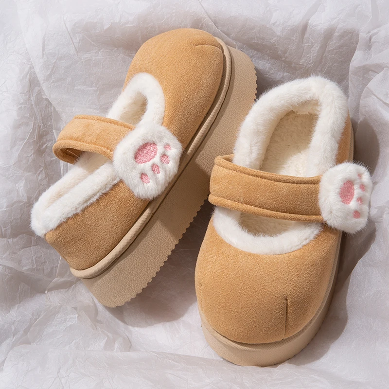 启布熊可爱猫爪魔术贴棉鞋冬加绒厚底单鞋少女心保暖圆头豆豆鞋