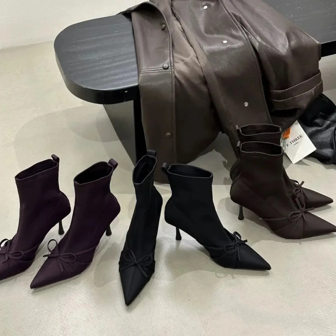 秋冬法式蝴蝶结2025年新款黑色尖头瘦瘦不累阔腿裤专用鞋子百搭款