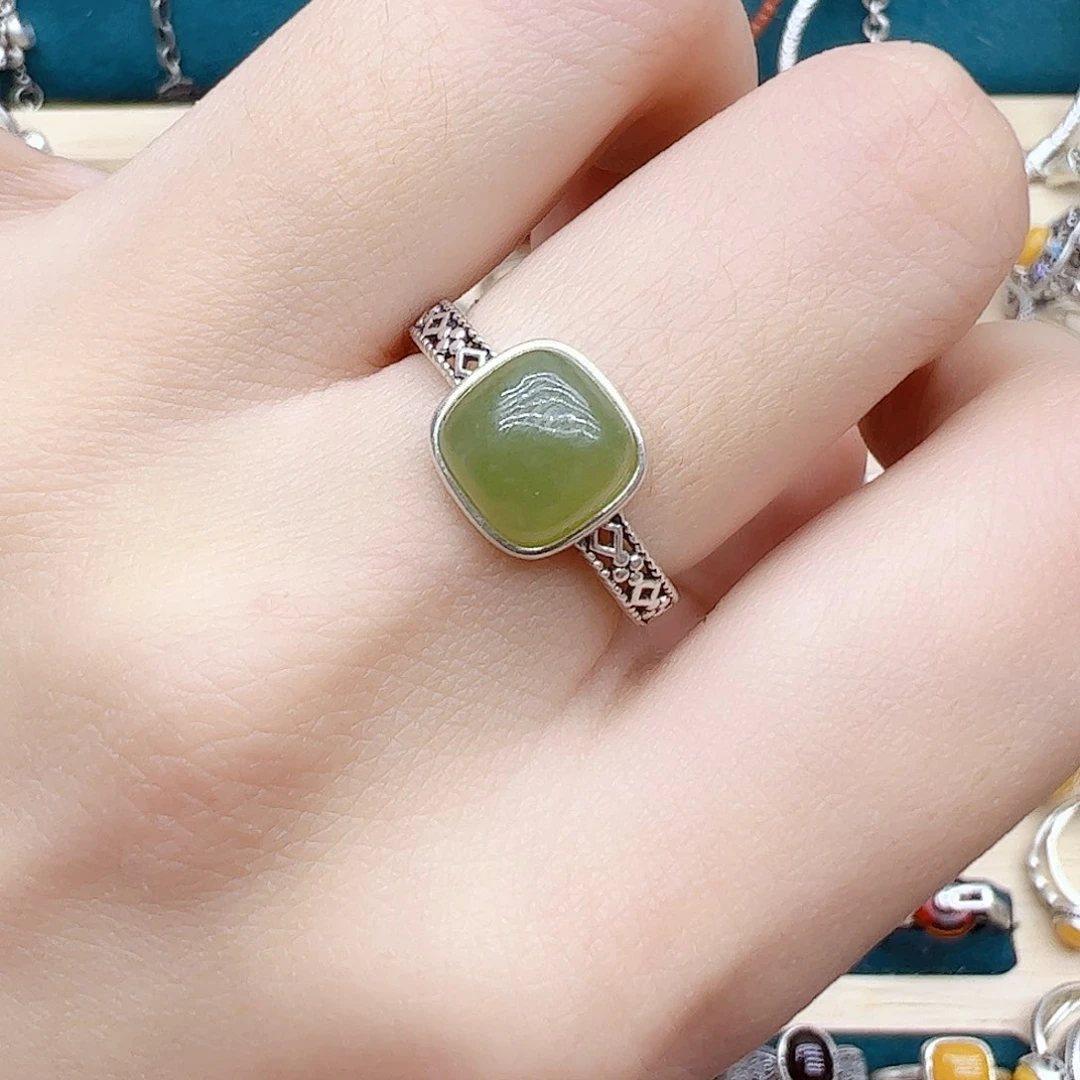 和田玉戒指银S925镶嵌