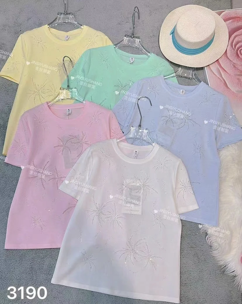 2025夏季高品质烟花烫钻钉珠糖果色休闲百搭正肩显瘦T恤女