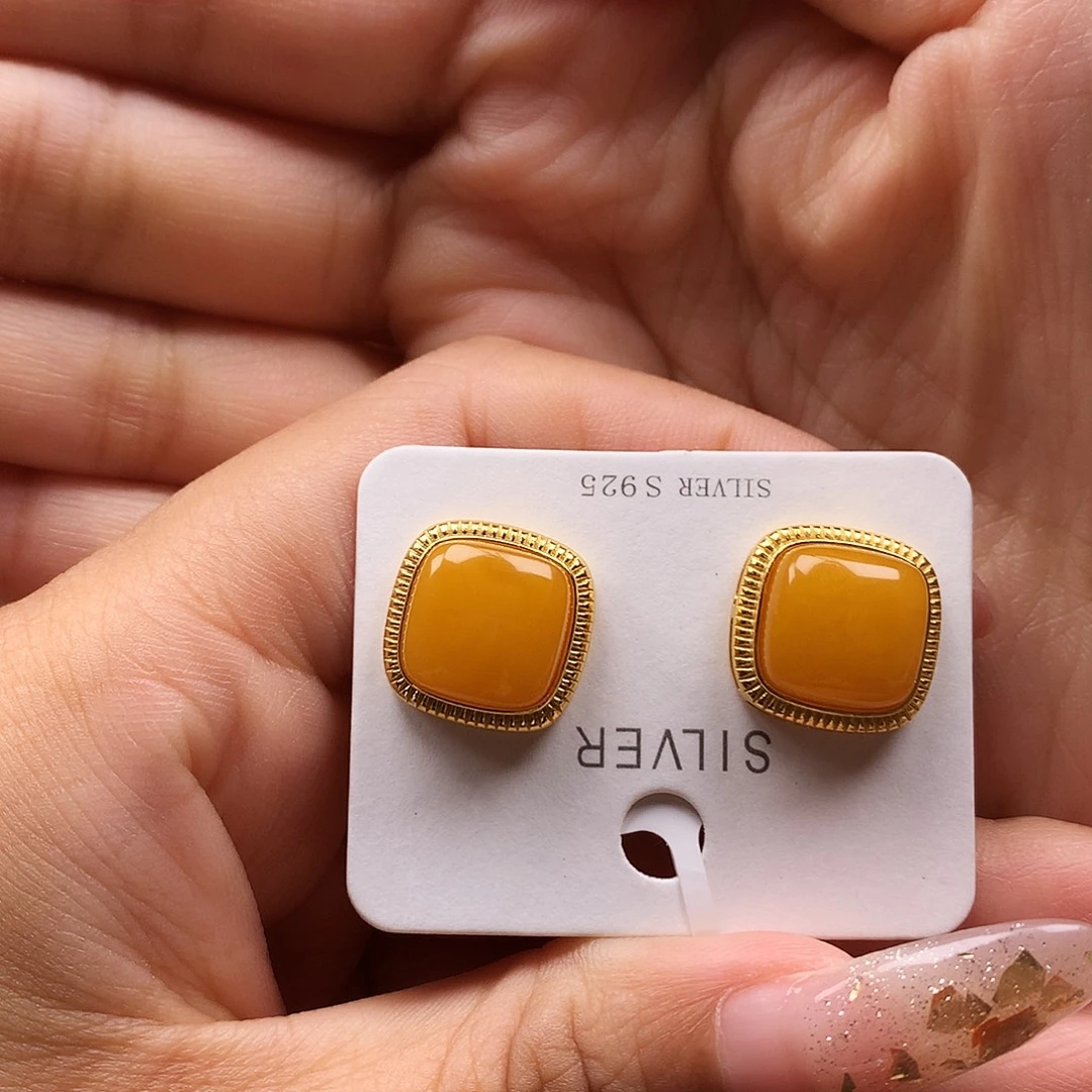 蜜蜡银S925镶嵌耳饰耳钉