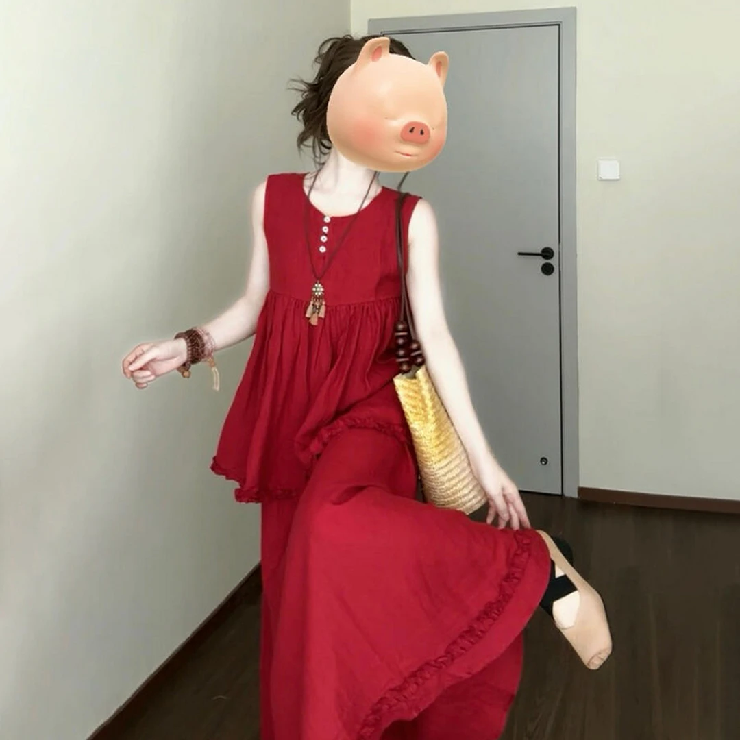 2025新款法式复古红色无袖背心连衣裙子女夏季高级感穿搭套装长裙