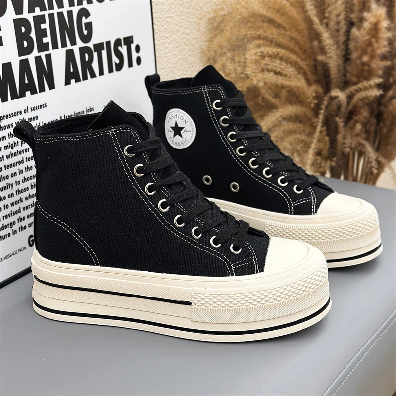 高帮帆布鞋经典款10cm内增高小个子板鞋8cm百搭黄色爆款厚底休闲