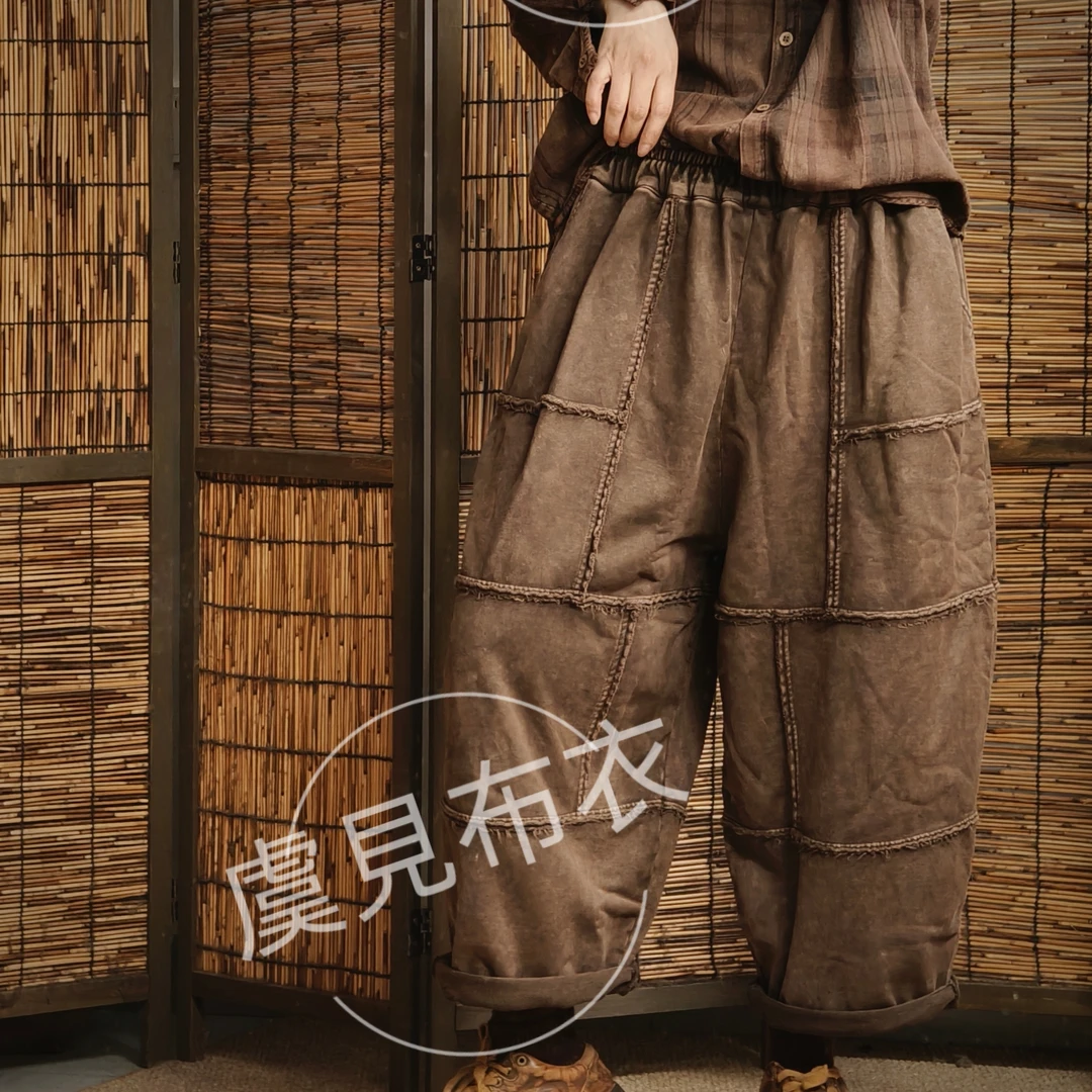 虞姑娘  春季炒色做旧针织毛圈八分卫裤【裤长84臀围150】