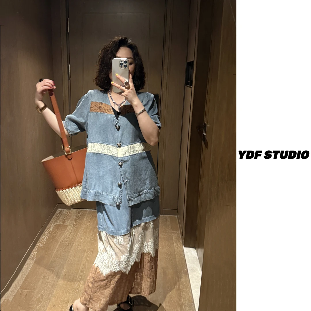YDFSTUDIO小众【调色师】欧货高品蕾丝撞色牛仔拼接上衣+半身裙套装