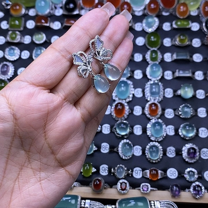 岫玉银S925镶嵌耳钉桔*