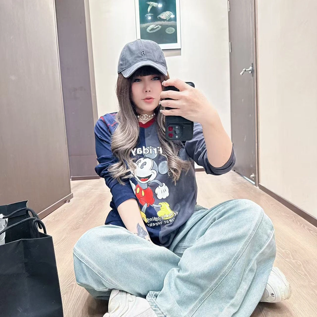 D30064插肩袖多巴胺宽松型T恤韩版百搭宽松卡通拼色上衣