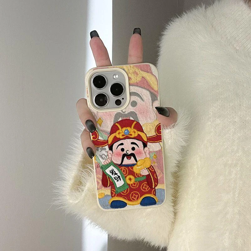 油画财神爷适用iPhone15苹果13手机壳16promax卡通14/11荔枝纹12