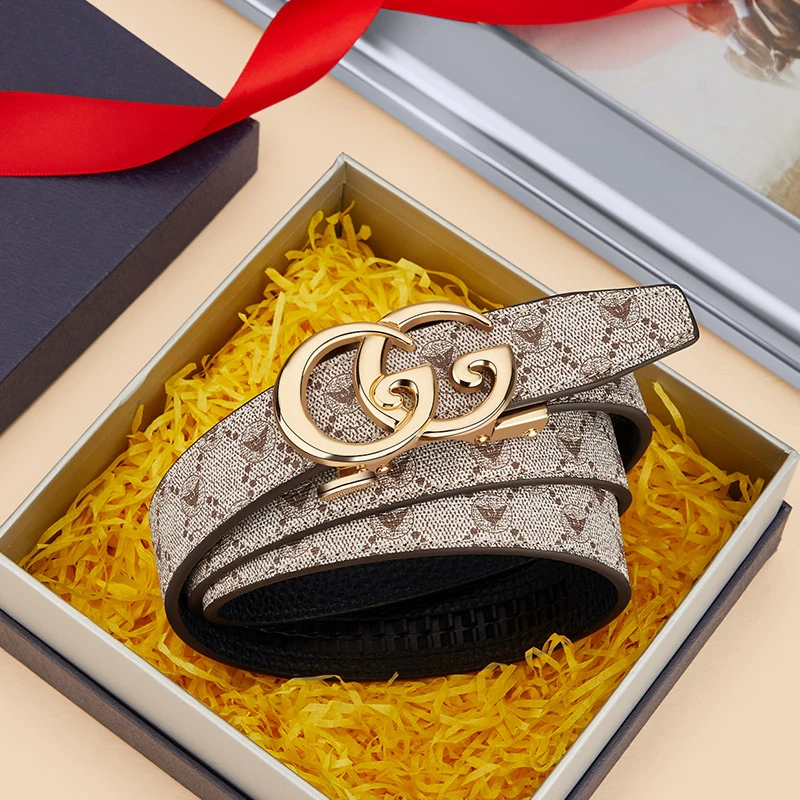 英皇保罗正品时尚优雅女士潮流字母印花自动扣真皮牛皮女腰带