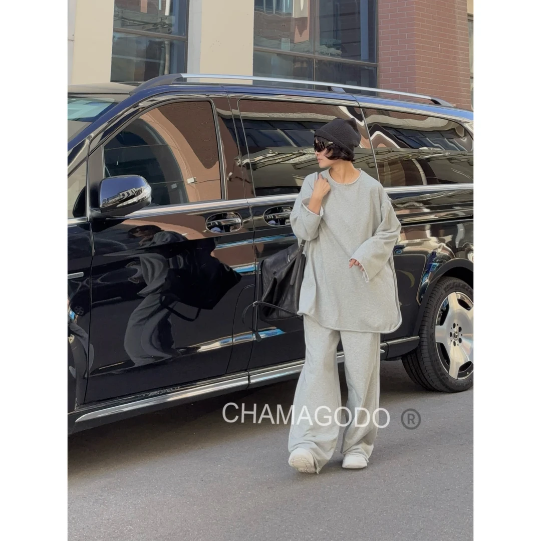 CHA MA GO DO10218/10225马吉包边大T+毛边直筒裤休闲套装