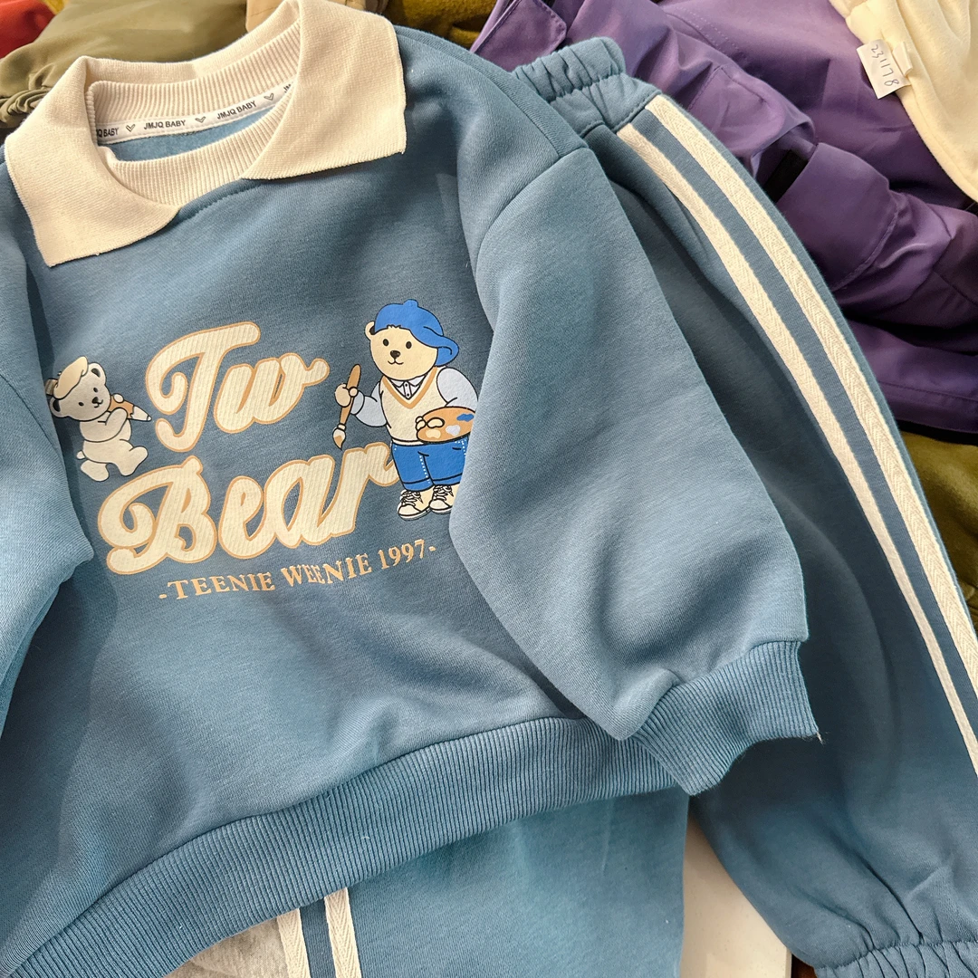 【JMJQ 201523】深秋冬韩版街潮儿童抓绒加厚印花休闲翻领卫衣套装