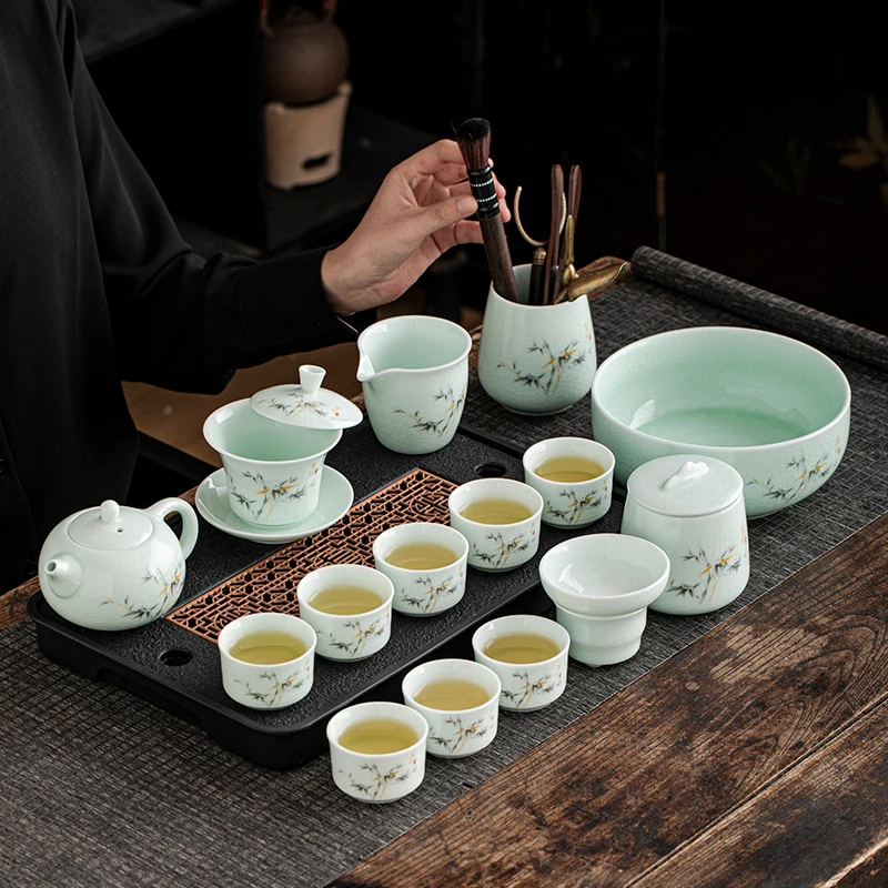 哥窑陶瓷中式茶具套装全套家用轻奢高档泡茶壶盖碗整套茶杯茶盘用