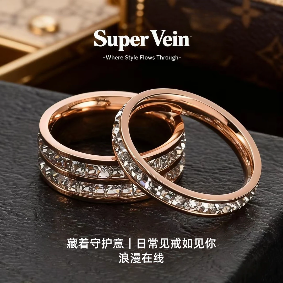 钛钢戒指 轻奢高级满天星钛钢戒指单双圈镶钻情侣对戒ins潮不掉色