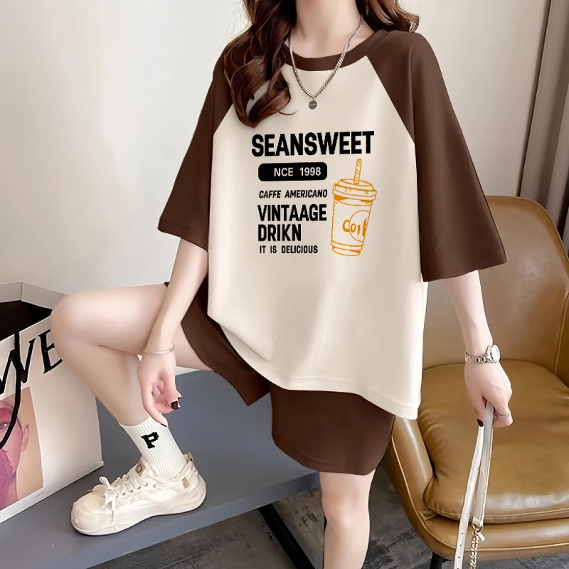 大码女装夏季新款女士运动服套装休闲时尚短袖短裤洋气减龄两件套