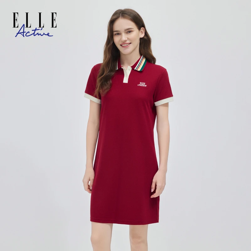 ELLE Active新款彩条翻领连衣裙女撞色时尚法式休闲polo裙子夏季