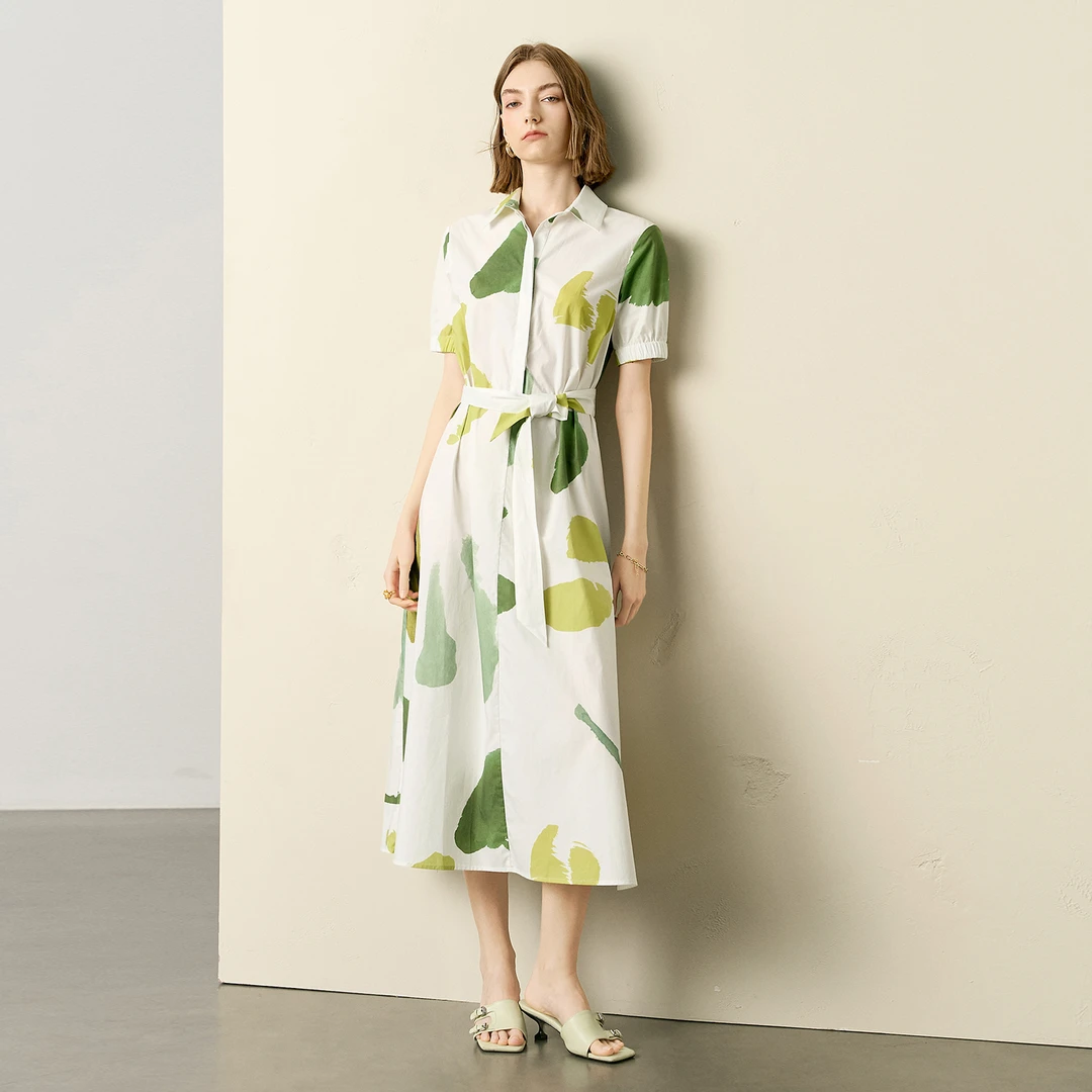 颜域印花衬衫领连衣裙女减龄收腰宽松短袖过膝长裙20S251323