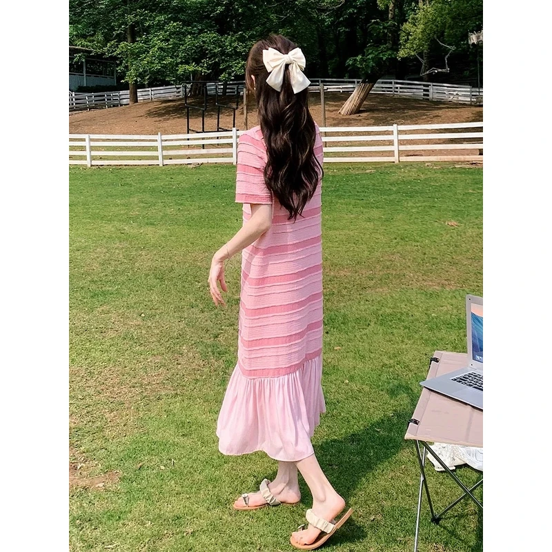 夏季赫本风黑色长款连衣裙拼接时尚赫本风气质短袖小黑裙