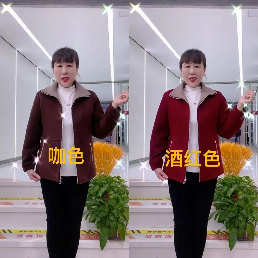 春秋新款咖色翻领短款宽松洋气中老年妈妈开衫外套
