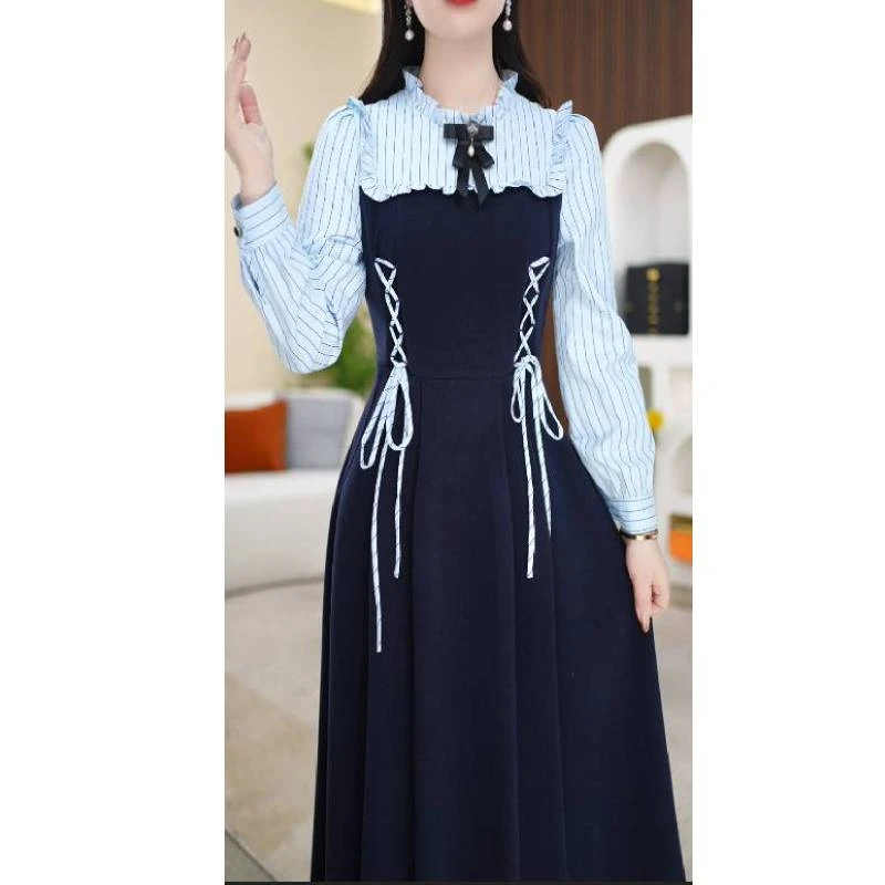 【连衣裙】春季时尚气质花边领修身显瘦中长款长袖连衣裙M-4XL