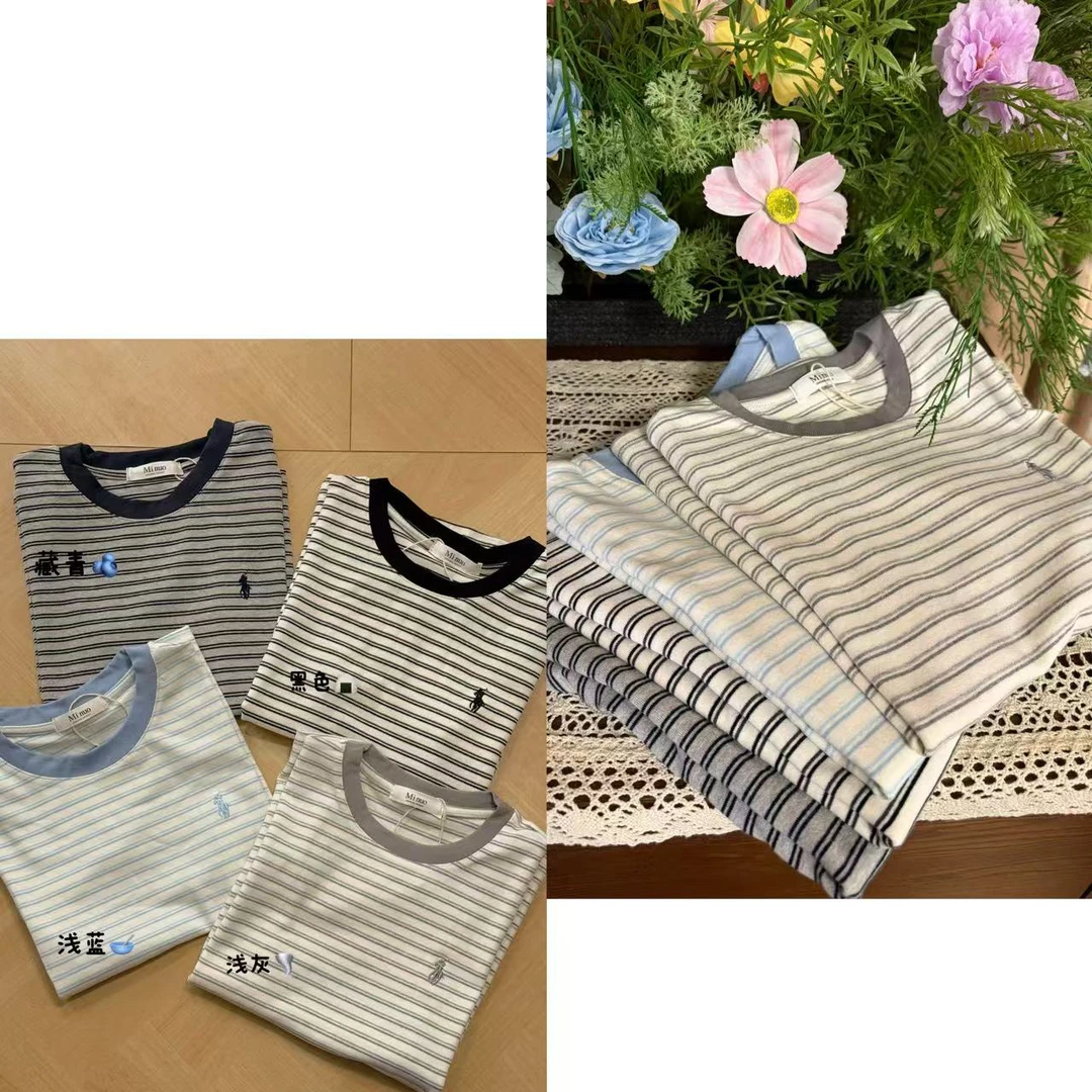 韩系春款条纹小马刺绣短袖612