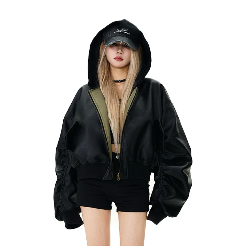 可拆卸连帽双面穿bomber皮衣夹克男女短宽廓形飞行服外套