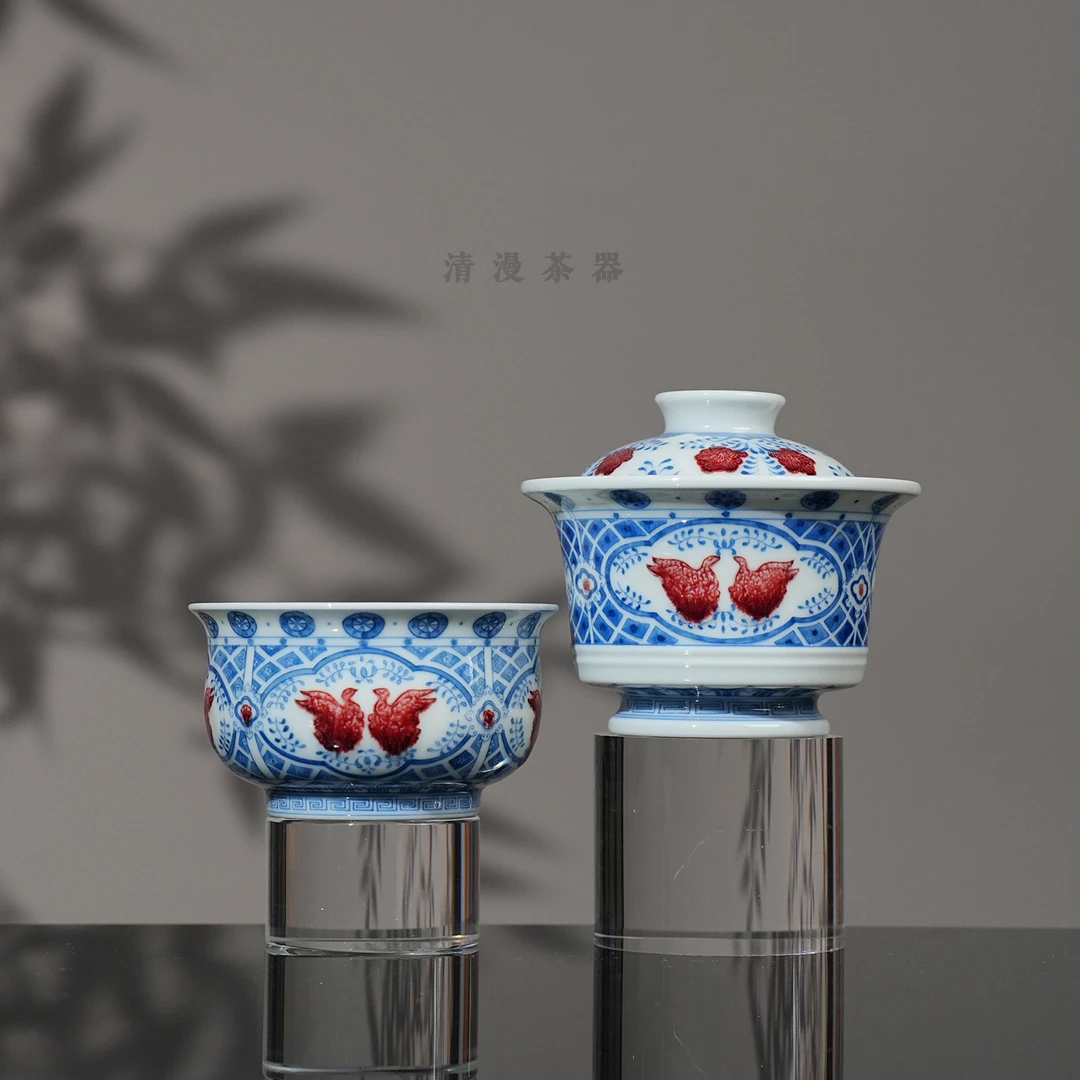 屹朴堂青花釉里红朵花对雁茶具 景德镇手工手绘茶具送礼喝茶茶碗