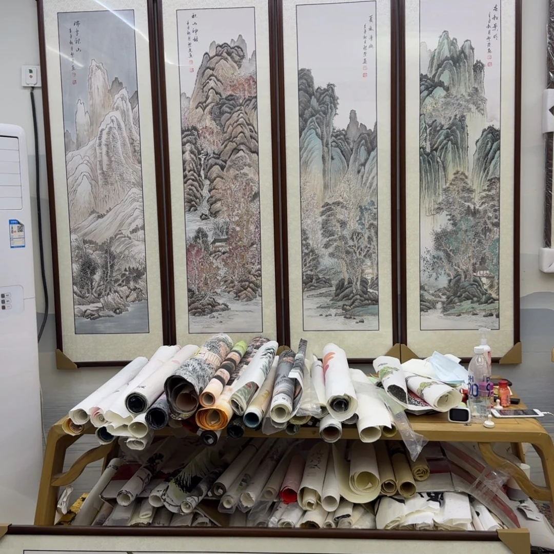 国画春夏秋冬四条屏画框约164×196