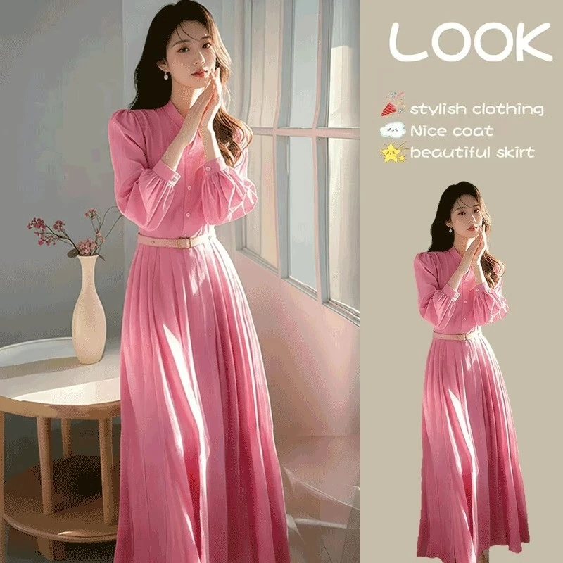 春季新款设计感百褶轻熟法式长裙气质名媛时尚粉色连衣裙女装2025
