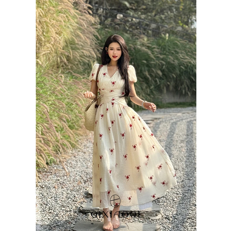 七小七Sicily【花城仙境】法式千金感V领碎花连衣裙收腰显瘦长裙女