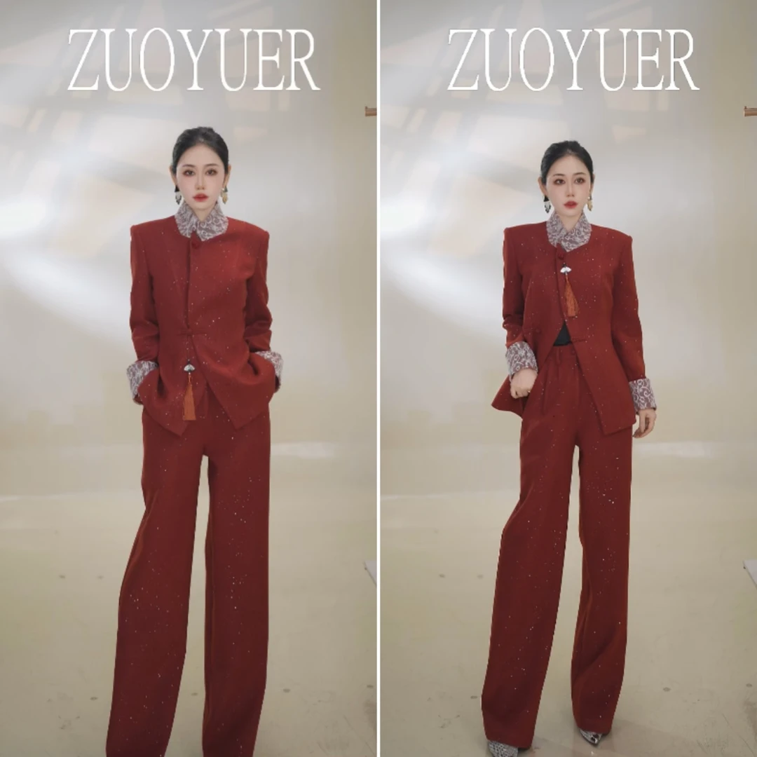 【ZYE】冬季加厚设计师套装朱砂红时尚套装新中式高奢风礼服25948