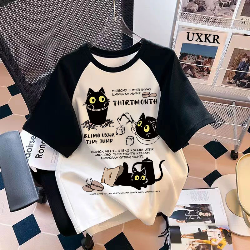 男女童短袖t恤纯棉插肩袖夏季新款中大童可爱黑色猫咪印花上衣服