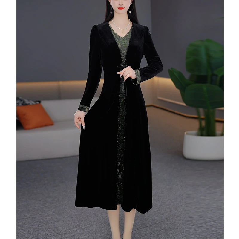 DBF-24B027 新款2024秋季气质黑拼绿显瘦中长款旗袍连衣裙M-5XL