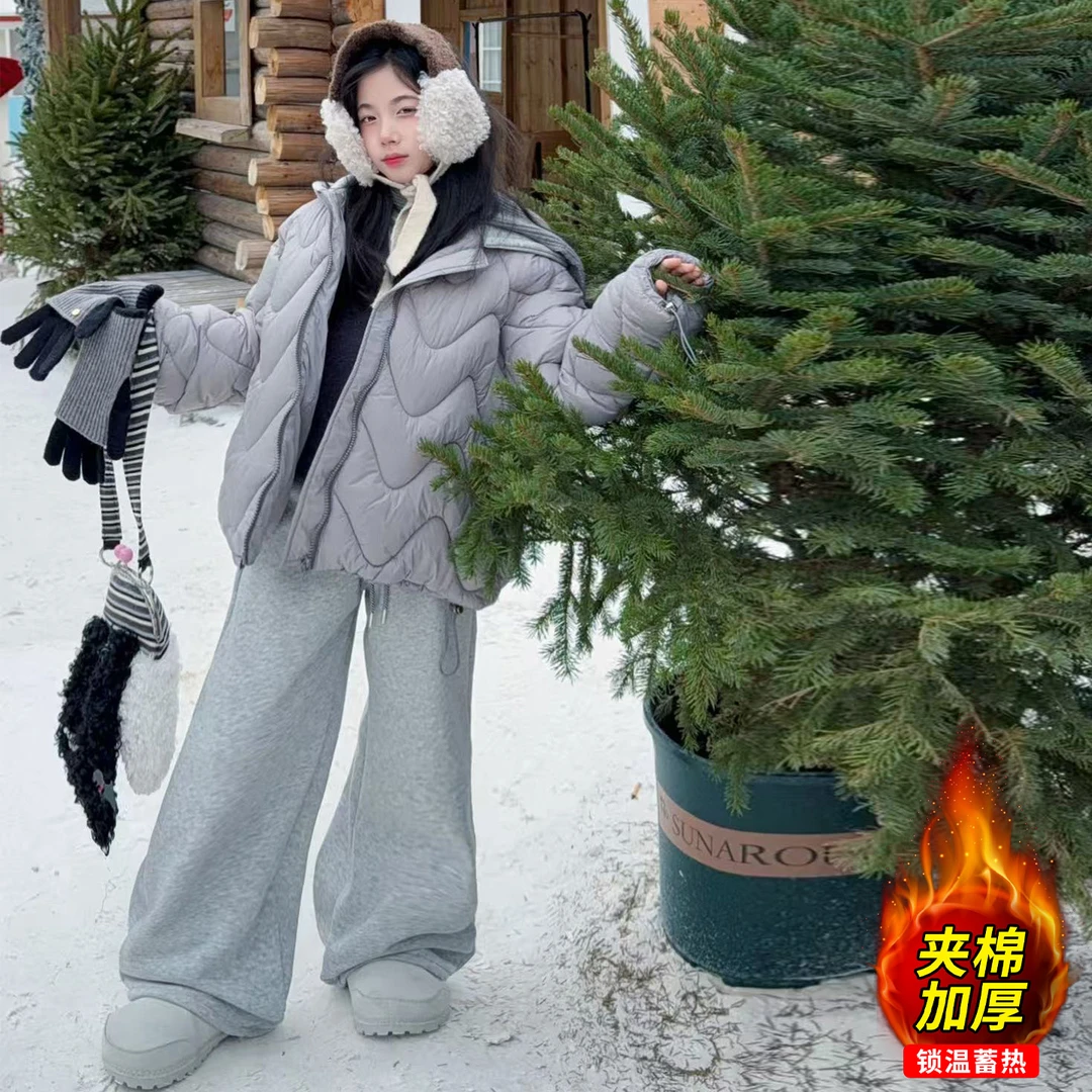 【酷哒仔】女童韩范加绒裤子夹棉连帽棉袄两件套装2025秋冬装中大童