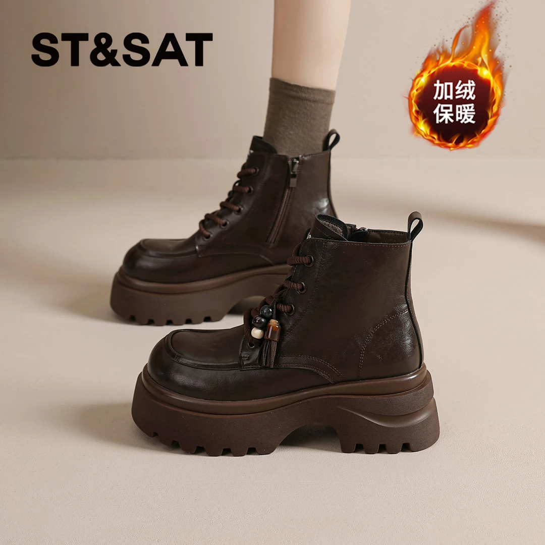 星期六英伦风马丁靴女款2025新款冬季加绒休闲短靴复古增高瘦瘦靴