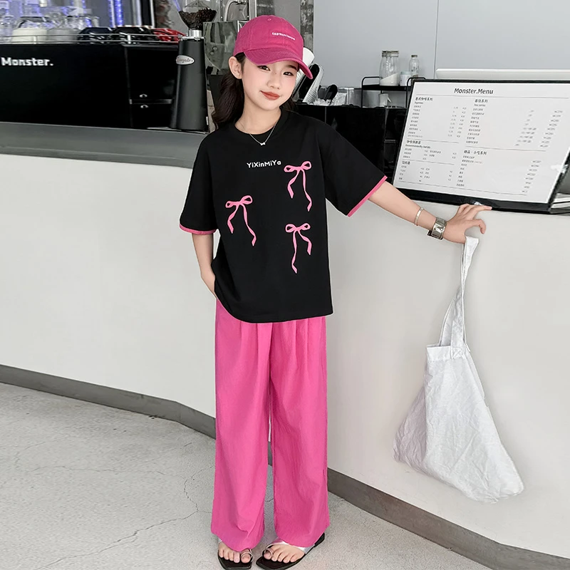 女童夏季休闲套装2025新款洋气女孩印花蝴蝶结短袖裤子夏款两件套