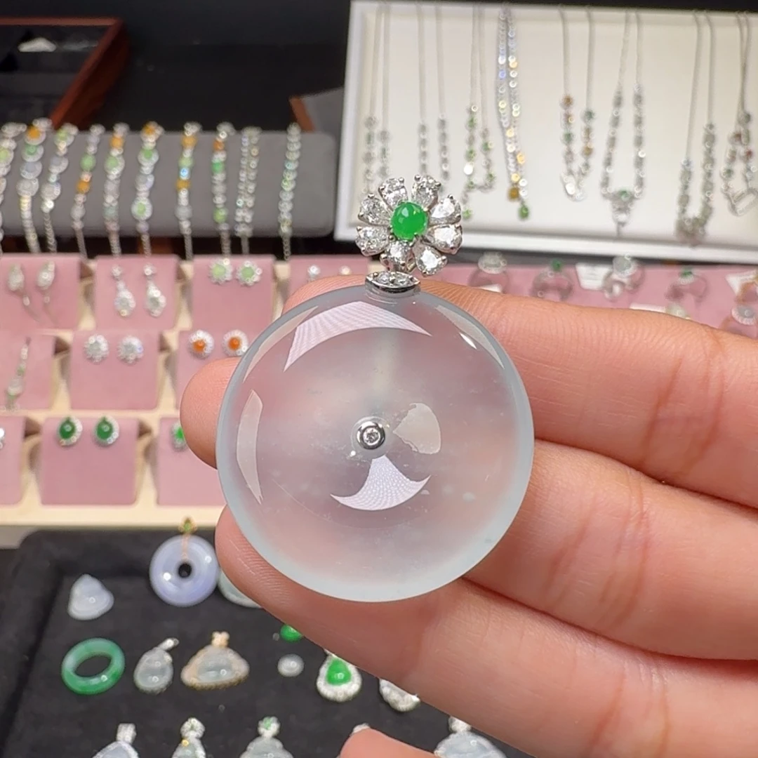 翡翠18K金镶嵌颈饰纯天然缅甸翡翠A货平安扣