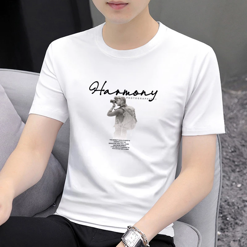 白色短袖T恤男士夏季半袖潮流印花圆领上衣服修身打底衫体恤