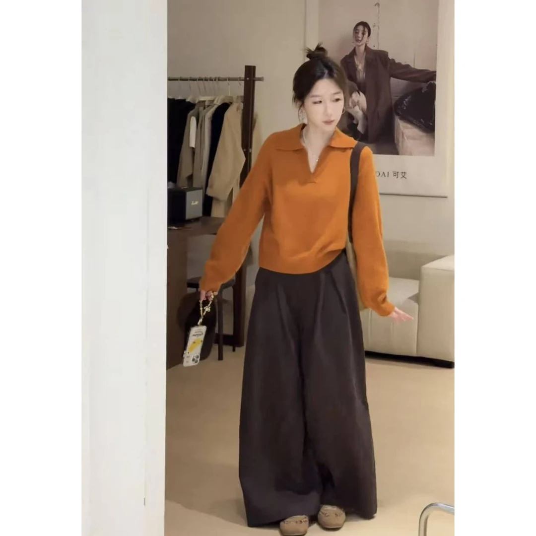 秋季新款韩系休闲宽松基础百搭V领毛衣加显瘦基础百搭阔腿裤套装