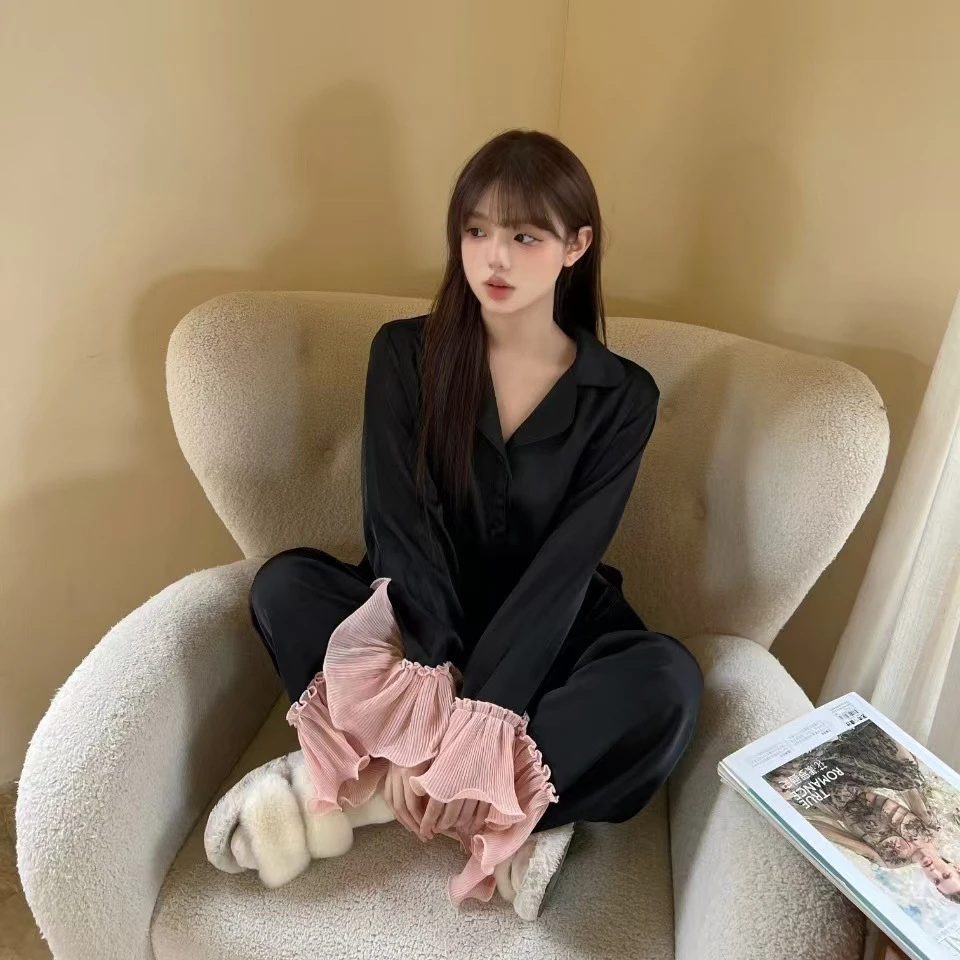 春秋季新款冰丝睡衣女法式荷叶边高级感甜美风长袖宽松家居服套装