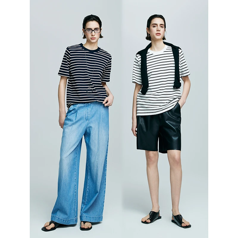 【初棉】DRDB春夏款撞色翻领宽松百搭基础条纹T恤363601048