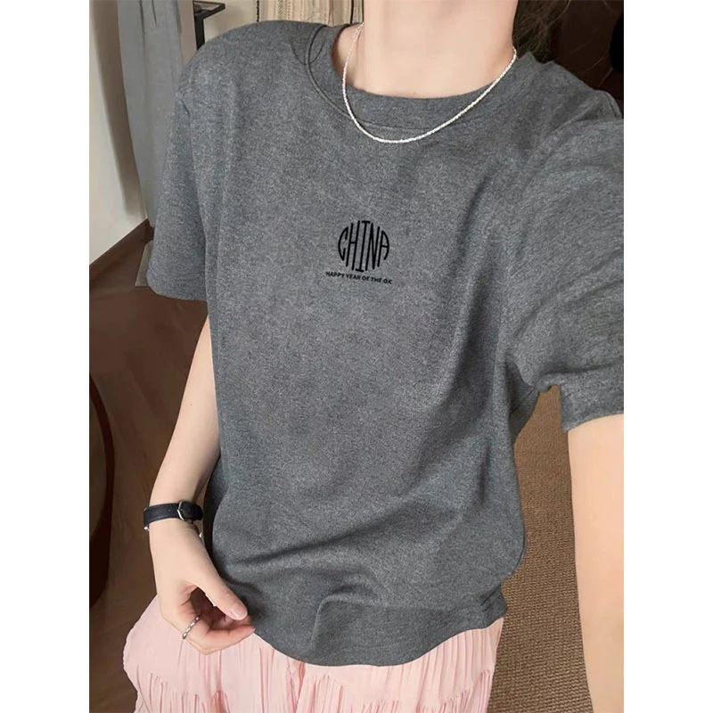设计感小众正肩深灰色短袖t恤女装2025新款时尚百搭上衣夏季潮牌