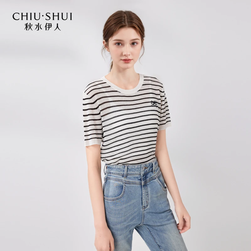 【赵老板】秋水伊人风条纹针织衫女装撞色短袖上衣624221M100740