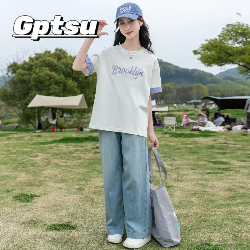 GPTSu女童夏装牛仔套装2025新款中大童洋气夏宽松短袖时髦两件套