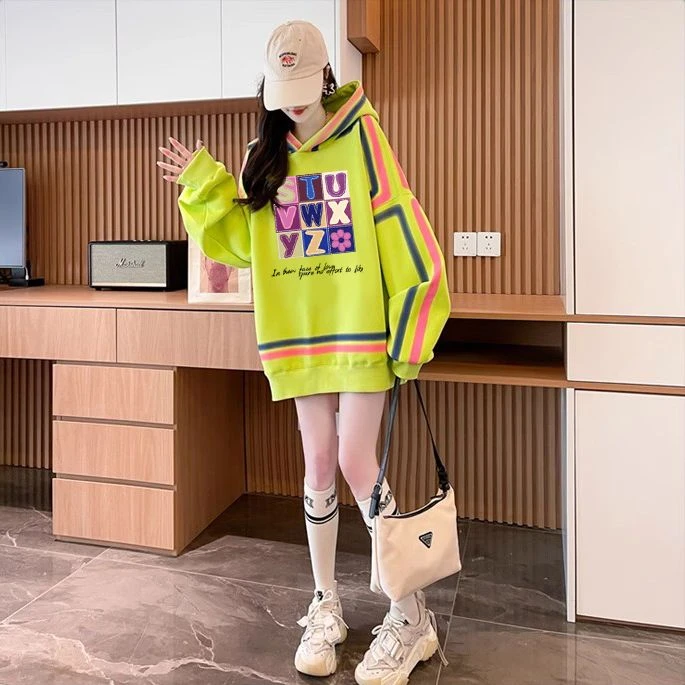 中长款慵懒风宽松大码胖mm休闲百搭连帽卫衣女春秋季爆款加绒外套