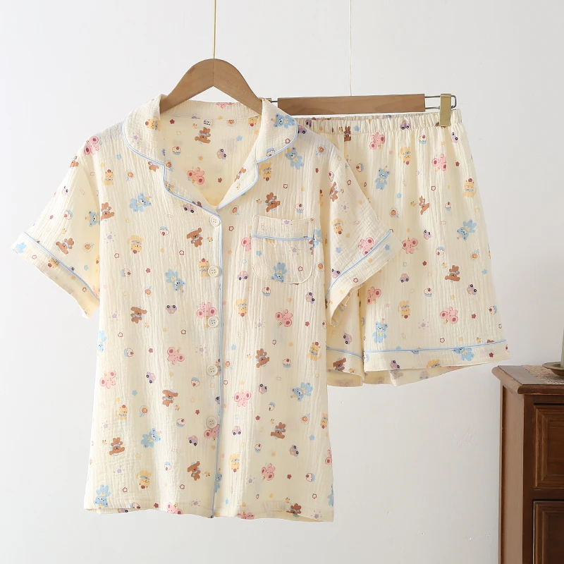 【短袖短裤】A类全棉春夏棉纱翻领少女甜美睡衣印花秋冬家居服夏天