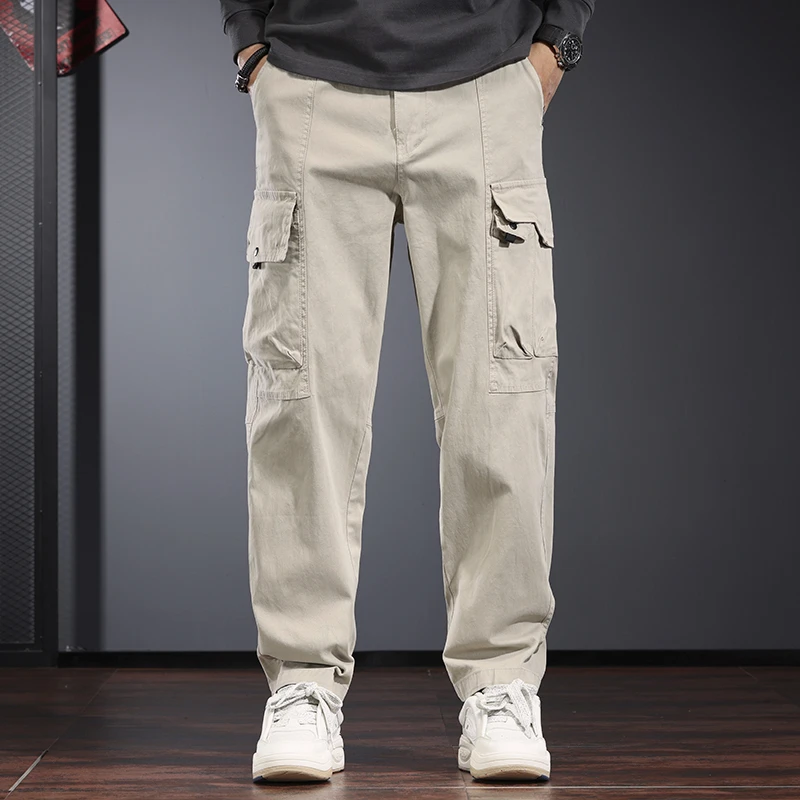 高端休闲裤男春季新款浅色宽松直筒工装裤潮牌时尚男士百搭长裤子