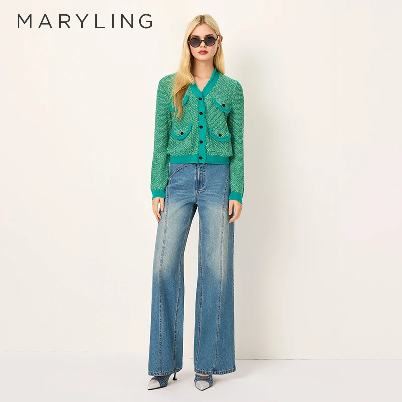 MARYLING玛俪琳2025春季新品蓝绿双葱流苏开衫A1FBW08220