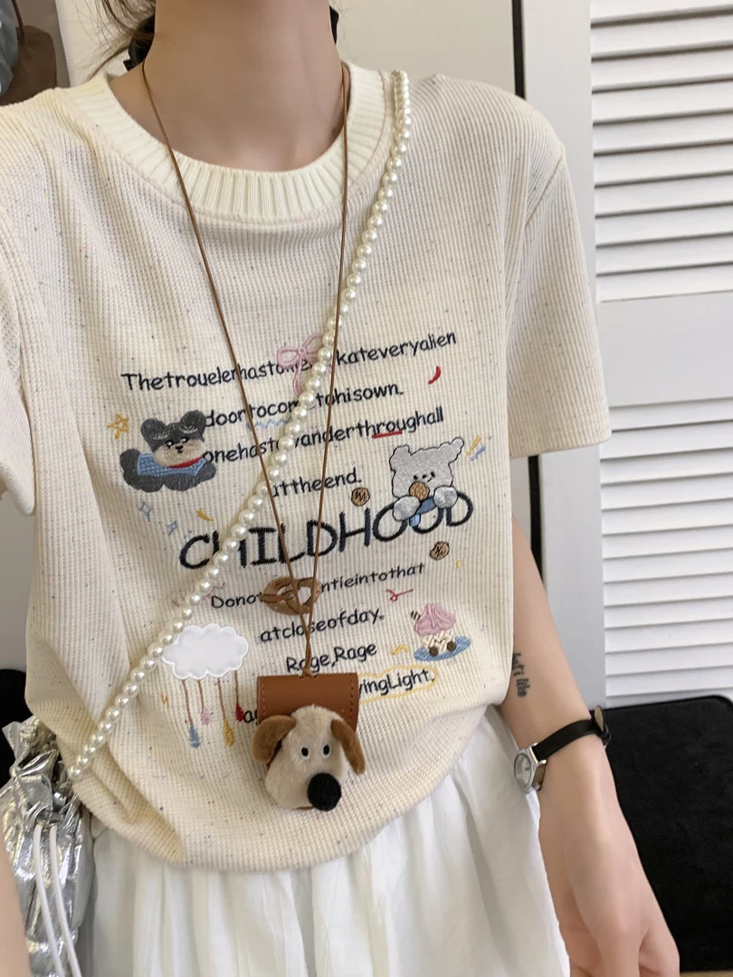 【5116】夏季新款百搭时尚华夫格云朵小狗t恤短袖